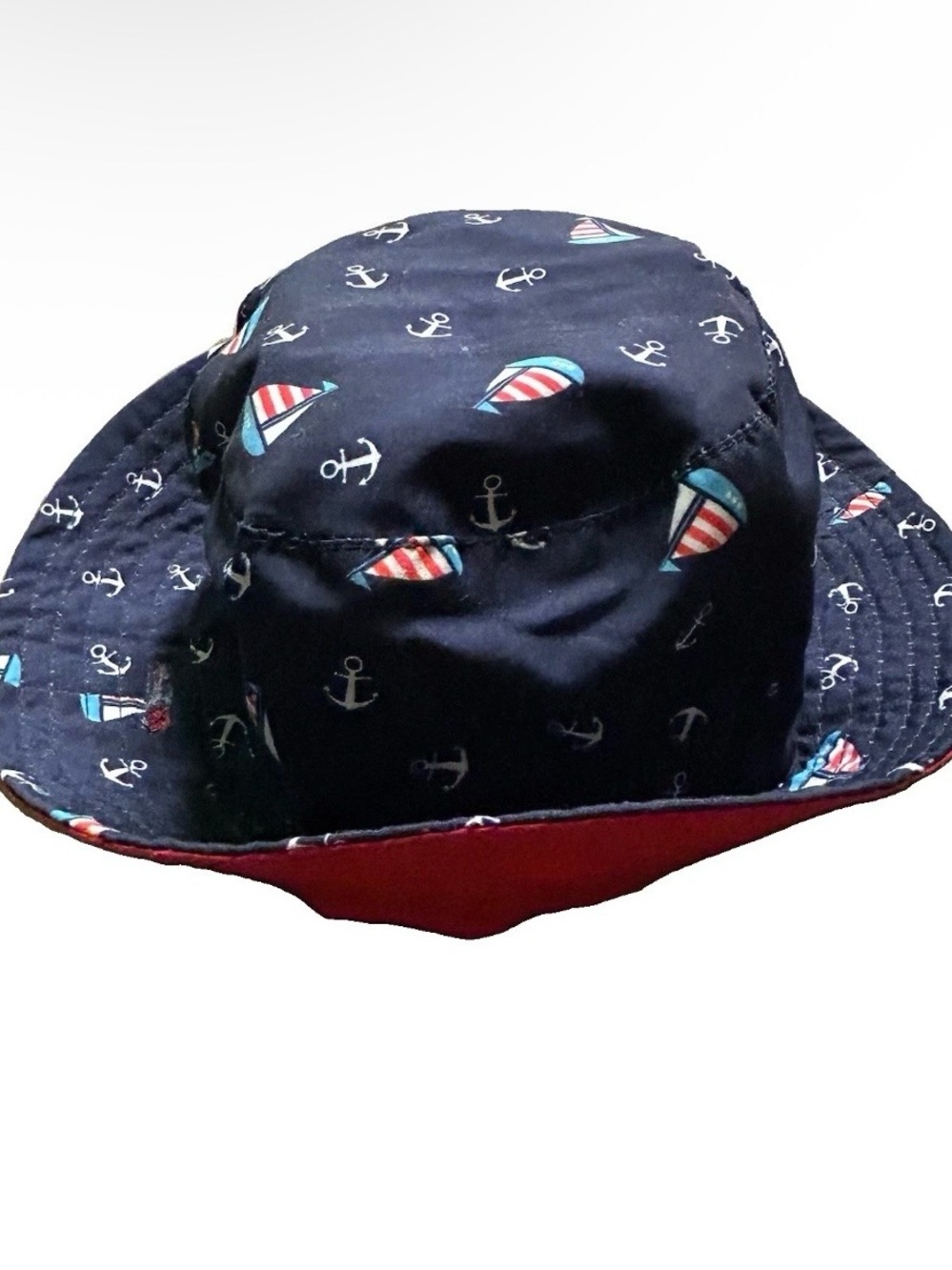 Baby Summer Sun Hat Navy Blue Anchors Sail Boats Chin Strap